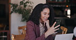 Woman, laughing and scroll in cafe with phone for remote work, social media post and text message. Freelancer, female person or tech in restaurant with funny joke, online communication or mobile app.