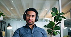 Face, headphones and man in video call for business, insurance webinar or idea. Portrait, virtual meeting and POV of happy broker in online conference for policy update, think or listen in office
