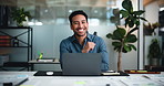 Face, businessman and happy with laptop in office for financial planning, goal reflection or idea. Person, smile and thinking in workplace with computer for budget proposal, finance review or report.
