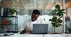 Laptop, video call and writing with business black man in office for accounting or finance report. Book, computer and virtual meeting with African person in financial workplace for feedback or review