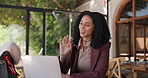 Happy woman, wave and video call with laptop in cafe for online meeting, communication or chat. Female person, customer or remote work with computer for virtual webinar or discussion in coffee shop