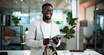 Face, employee and man with tablet, office or confident for career development with financial growth. Business analyst, online and black person with tech for research, laughing and risk management