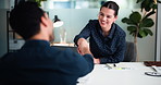 Woman, handshake and smile for interview at office with laptop, welcome and agreement at finance company. People, HR manager and shaking hands with employee, job or recruitment at investment agency