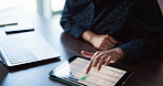 Hands, tablet screen or business person with accounting metrics, investment or typing on laptop. Tech accountant or woman with financial graphs for budget, scroll or bookkeeping spreadsheet in office