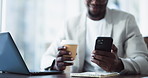 Hands, media agency and man in office, smartphone and website blog for online column. Person, coffee and journalist with cellphone, publication and email notification for manuscript submission or app