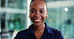 Face, business woman or laughing in office for journalism career, creative opportunity or about us. Black person, journalist or happy at publishing agency for news reporting, job development or bokeh