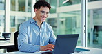 Man, laptop an typing at office with smile, solution or risk management with glasses at company. Person, broker or consultant with computer, feedback and review for project report at insurance agency