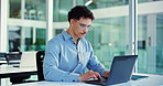 Man, laptop an typing at office with feedback, solution or risk management with glasses at company. Person, broker or consultant with computer, report and review for project at insurance agency