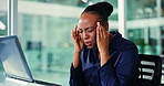Frustrated, black woman or headache with laptop for stress, anxiety or mental health in office. Tired, female person or employee with migraine on computer for fatigue, pressure or strain in workplace