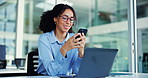 Woman, phone and happy with texting at office, glasses and laptop for web consulting at insurance agency. Person, broker or advisor with smartphone, smile and mobile app at risk management company