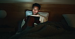 Night, home and man with tablet, reading and search for daily news, internet and network. Doom scrolling, tech and person in bedroom, ebook and blue light exposure with app for social media update