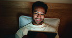 Night, funny and man with tablet, reading and search for online column, internet or laughing. Doom scrolling, home or person in bedroom, ebook or blue light exposure with app for social media or joke