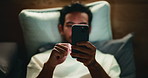 Phone, night and man in bedroom with insomnia, search and social media for relax with top view. Home, bed and sleepless person with mobile for notification, doom scroll and internet addiction above