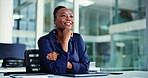 Completed, laptop and thinking with business black woman in office for account closer, smile and vision. Satisfaction, portfolio manager and idea with person in agency for financial report deadline