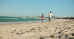Travel freedom, couple and running on beach with playful game, bonding and holiday adventure. Love, black people and energy on seaside for vacation fun, getaway trip and weekend break with support