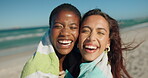 Face, happiness and women at beach, hug and excited for summer vacation, friends or together on trip. Outdoor, diversity and people with support on holiday, bonding and laugh in nature, break and sea