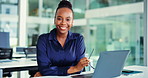 Laughing, laptop and face with business black woman in office for account closer, pride and joke. About us, portfolio manager and confidence with person in agency for financial report and smile