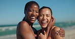 Face, excited and women at beach, hug and happiness for summer vacation, friends or together on trip. Outdoor, diversity and people with support on holiday, bonding and laugh in nature, break and sea