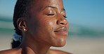Outdoor, mindfulness and woman on vacation, beach and relax on break with smile, thinking and travel. Breathing, traveler and black person on summer holiday, happy and reflection on getaway or calm