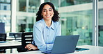 Smile, laptop and face with business woman in office for account closer, pride and glasses. About us, portfolio manager and confidence with person in agency for financial report, email and happy