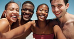 Face, happy friends and selfie at beach for summer holiday, travel adventure and bonding on weekend. People outdoor, smile and photo together by ocean for tropical vacation, wellness and connection.