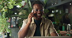 Black man, phone call and florist with laptop at store, contact and deal with supplier at sustainable startup. African person, botanist and happy with smartphone, talk or plants at eco friendly shop