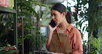 Phone call, plants and woman in nursery with communication for ecommerce order confirmation. Cellphone, contact and female botanist on mobile discussion for ecology retail sales in garden center.