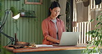 Laptop, typing and woman in plant nursery for research on leaf growth, ecology or botany. Computer, email and female florist with contact for online order confirmation for greenery in garden center.