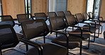 Furniture, seminar and empty hall for event, business forum and conference with meeting venue. Chairs, room and interior at convention center with rows for summit, presentation and seats for workshop
