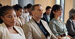 Conference hall, listening or business people at workshop for corporate training, education or learning. Glasses, knowledge or audience at seminar for information, attention or staff development