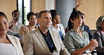 Seminar, audience and question with business people at event for broker workshop, public speaking and conference. Lecture, convention and tradeshow expo with employees in crowd for investor forum