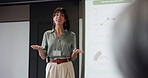 Business woman, statistics and presentation for convention in seminar room with audience. Training, forum speech and graphs with corporate growth for public speaking, education and strategy for crowd