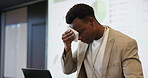 Sweating, speaker and man with stress, seminar and nervous with laptop for presentation or pressure. Public speaking, anxiety and black person with technology for speech, typing and worry for meeting