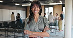 Office, crossed arms and face of business woman in lobby for networking event, tradeshow and meeting. Happy, laugh and portrait of person with confidence for convention, conference and workshop