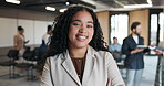 Happy, crossed arms and face of businesswoman in office with confidence for finance career development. Smile, corporate company and portrait of female financial advisor with pride in workplace.