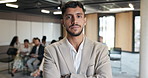 Serious, crossed arms and face of businessman in office with confidence for finance career opportunity. Internship, corporate company and portrait of male financial advisor with pride in workplace.