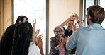 Business people, applause and praise with manager for thank you, support and achievement in office. Clap, happy team and cheering for promotion, success or employee recognition with goal celebration