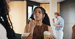 Business, conference and people on coffee break with networking, conversation and discussion at workshop. Connection, corporate or employees at seminar, opportunity or social chat on refreshment rest