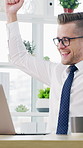 Happy, businessman and cheering in office with laptop for investment deal, success or financial growth. Excited, person or celebration with computer for capital funding, finance goals or achievement.