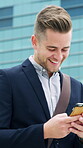 City, outdoor and happy businessman with phone, check notification and typing funny message for joke. Reading, online communication or person laughing with mobile app, internet search and comic reply