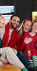 Christmas, face and family with smile, home and bonding together with love, relax and tradition. Xmas party, grandparents and mother with father, girl and festive season with reunion and celebration