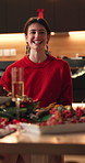 Christmas dinner, happy or woman laugh at table, funny conversation or family meal for holiday celebration. Festive season, bonding or person with party tradition in home, food or joke for reunion
