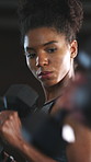 Fitness, mirror and black woman with weights in gym for exercise, bodybuilder training and workout. Reflection, muscles and person with dumbbells for strength, weightlifting or challenge for wellness