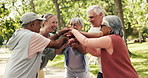 Senior people, handstack and fitness outdoor for good news, exercise success and celebration. Elderly friends, personal trainer and gesture for motivation, achievement and group solidarity at park