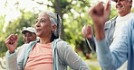 Breathing, fitness and smile of old woman outdoor in park for exercise class as active group. Energy, retirement and wellness with happy senior people in nature for mobility training or workout