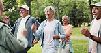 Coach, senior group and exercise at park for functional fitness, cardio warm up or mobility workout. Retirement health, elderly people and happy with instructor outdoor for brisk walking and wellness