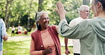Park, high five and senior woman with personal trainer, workout class and commitment for fitness. Outdoor exercise, support and people with coach for mobility training,  retirement health and excited