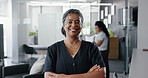 Face, arms folded and happy business woman in office for pride, magazine editor or coworking. About us, confidence and mature professional in agency for publication, manager and portrait of leader