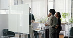 Creative, business people and team planning with whiteboard in office for brainstorming or tasks. Group, employees or discussion with ideas or agenda for project or work delegation in workplace