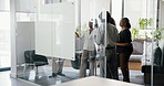 Creative, business people and planning with whiteboard in office for brainstorming, tasks or agenda. Group, employees or team with ideas or collaboration for project or work delegation in workplace